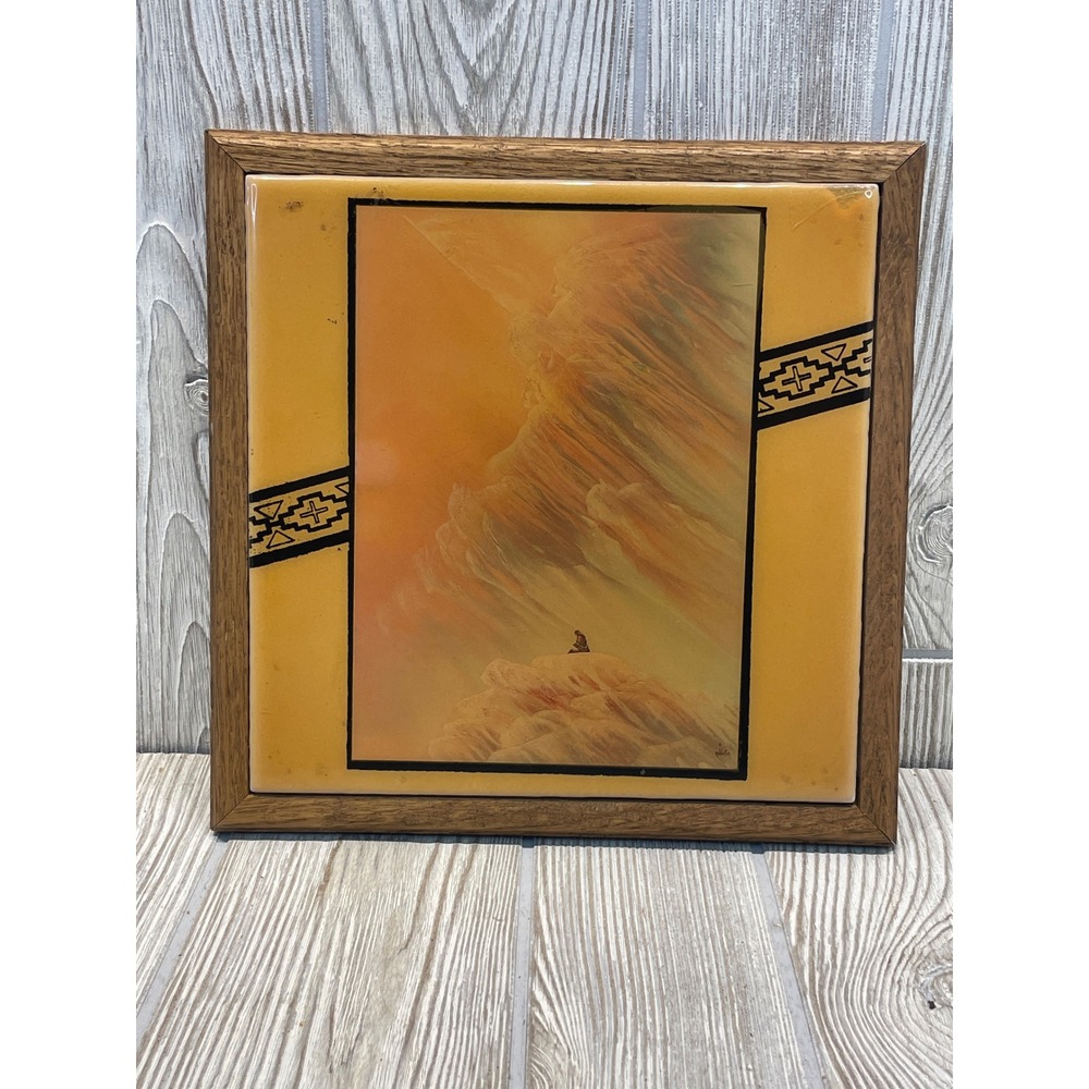 Vintage Southwest Ceramic Tile Art Framed Mexico Meditating Figure Sunset 9.5in